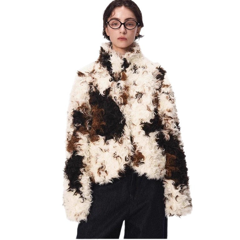 Women's Short Shaggy Faux Fur Bomber Jacket with Textured Patchwork Look Mune Fashion