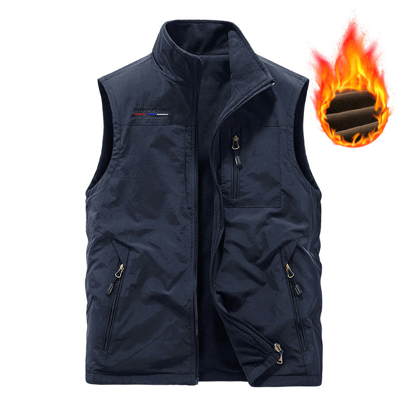 Men's padded thermo outdoor vest with soft fleece lining, high stand-up collar and multiple zip pockets.