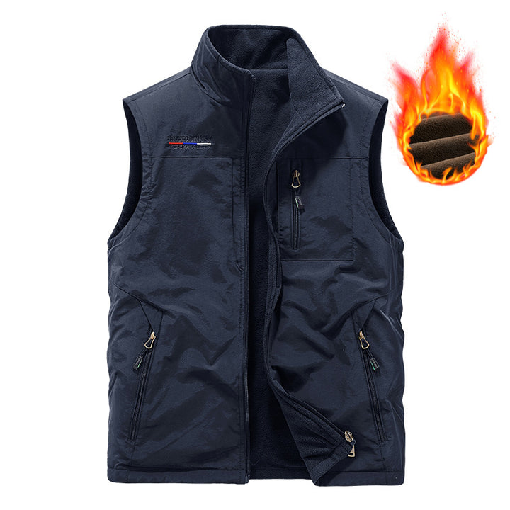 Men's padded thermo outdoor vest with soft fleece lining, high stand-up collar and multiple zip pockets.