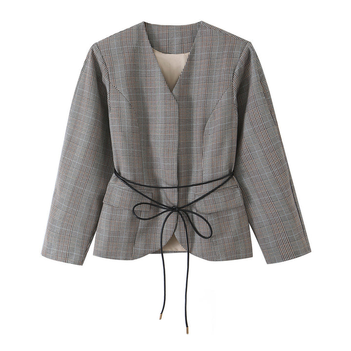 Women Tailored Glencheck Blazer with V-neck and Wrap Belt Mune Fashion