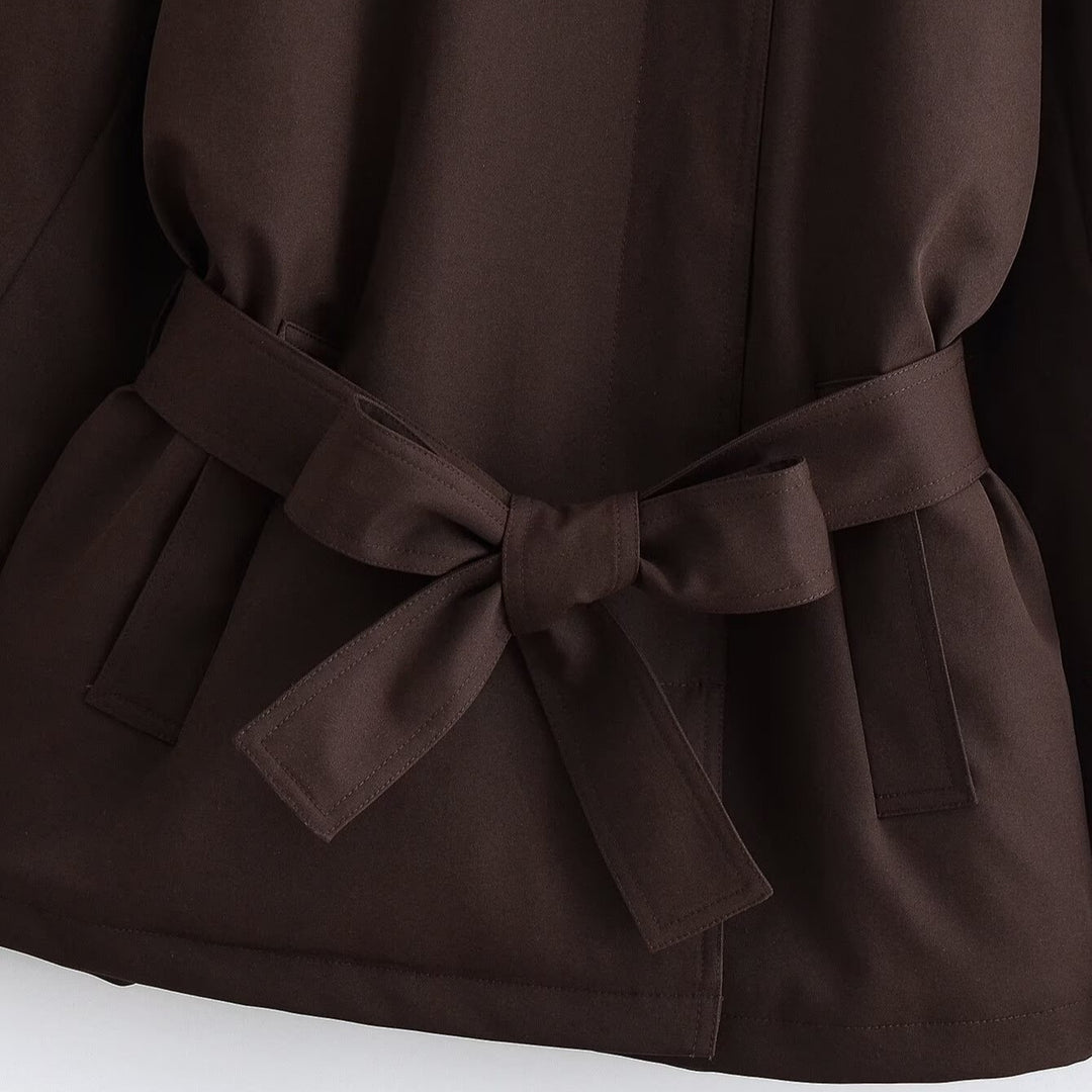 Women's Short Cape Trench Coat with Stand-up Collar, Shoulder Straps and Belt Mune Fashion