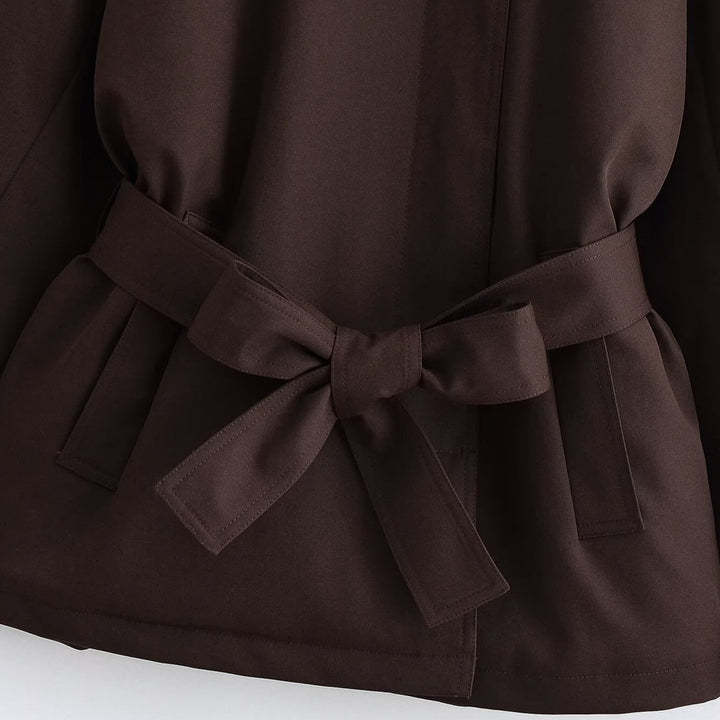 Women's Short Cape Trench Coat with Stand-up Collar, Shoulder Straps and Belt Mune Fashion