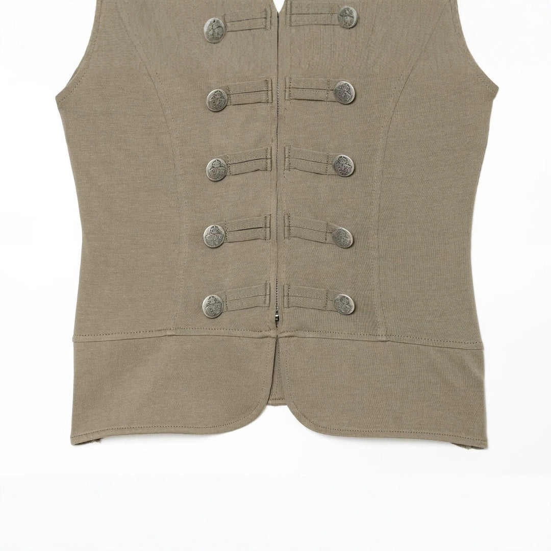Women’s short-sleeved military-inspired vest with decorative straps and metal buttons Mune Fashion