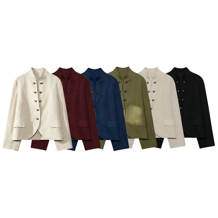 Women's short blazer in military style with stand-up collar and decorative metal buttons Mune Fashion