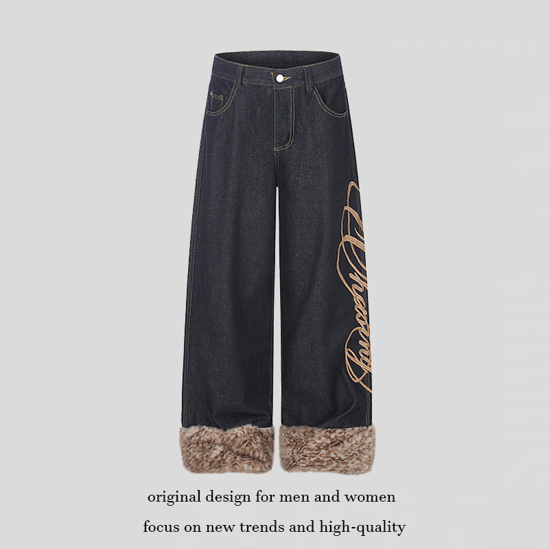 Women's denim palazzo pants with high waist, wide leg, side logo embroidery, and faux fur cuffs.