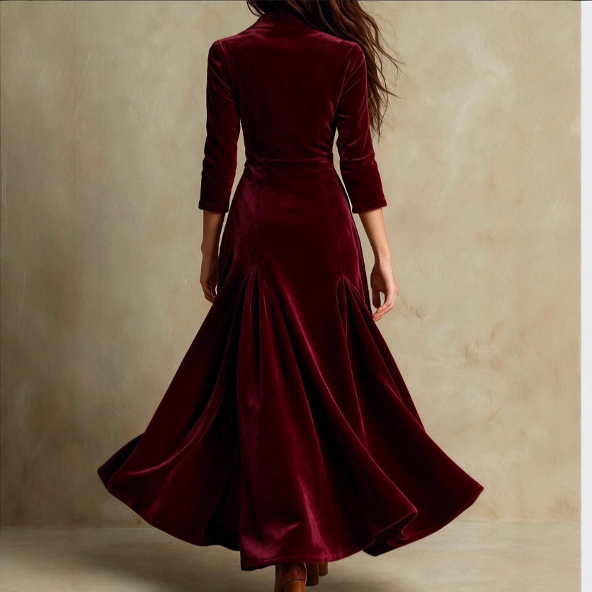 Women's velvet midaxi dress with fitted blazer top, V-neck and wide tiered skirt Mune Fashion