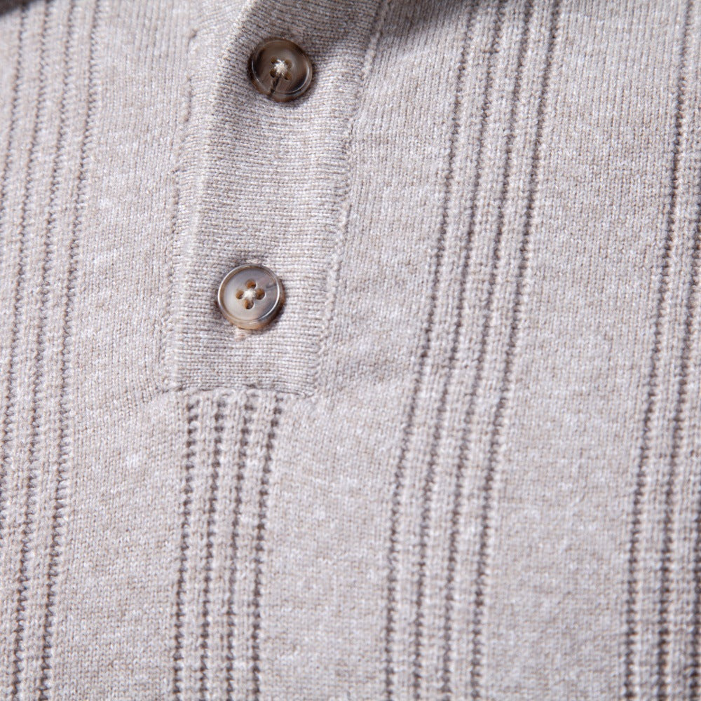 Men's Long Sleeve Fine Knit Polo Shirt with Textured Stripes and Ribbed Hem Mune Fashion