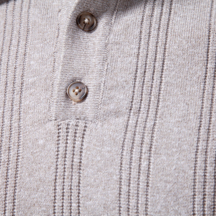 Men's Long Sleeve Fine Knit Polo Shirt with Textured Stripes and Ribbed Hem Mune Fashion