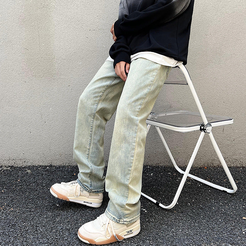 Men's Loose Straight Denim Jeans with Light Stonewash Look and Low Crotch Mune Fashion