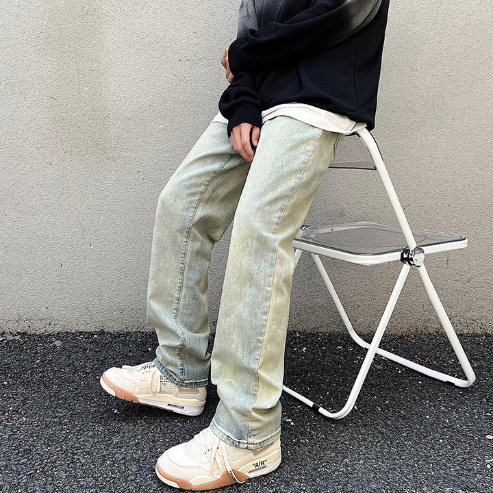 Men's Loose Straight Denim Jeans with Light Stonewash Look and Low Crotch Mune Fashion