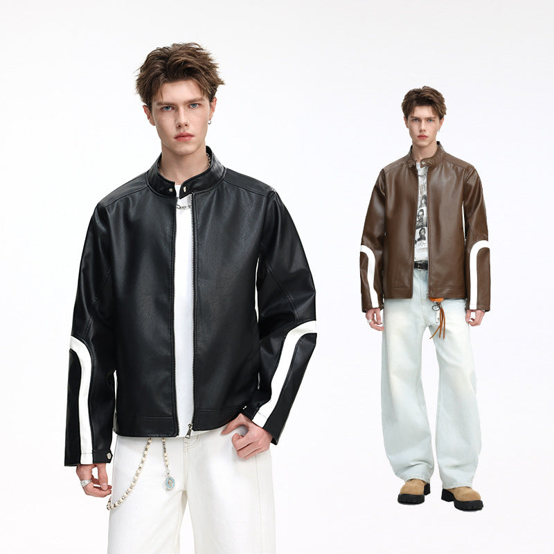 Herren Lederjacke im Bomberstil mit Stehkragen und kontrastierenden Wellenstreifen Mune Fashion