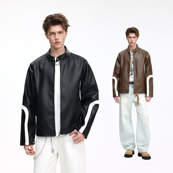 Herren Lederjacke im Bomberstil mit Stehkragen und kontrastierenden Wellenstreifen Mune Fashion