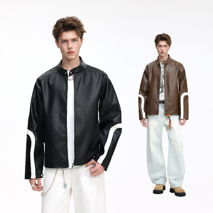 Herren Lederjacke im Bomberstil mit Stehkragen und kontrastierenden Wellenstreifen Mune Fashion