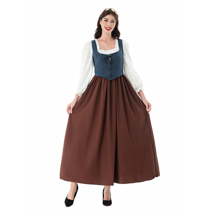 Women's nan historical medieval dress with laced bodice, ruffled blouse, and wide maxi skirt Mune Fashion