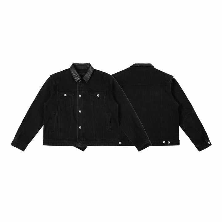 Men's Boxy Denim Jacket with Faux Leather Collar and Visible Metal Buttons Mune Fashion
