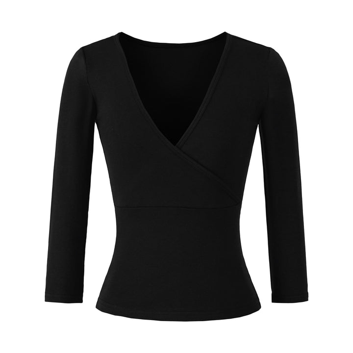 Women's figure-hugging wrap top made of stretch jersey with deep V-neck and tailored silhouette.