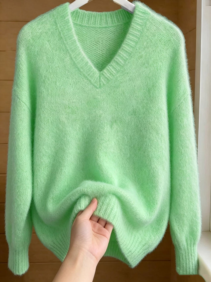 Women Fluffy Mohair-Mix Oversize Sweater with Deep V Neck Mune Fashion