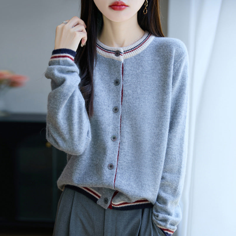 Women's Loose Fine Knit Cardigan with Contrast Stripes on Collar and Cuffs Mune Fashion