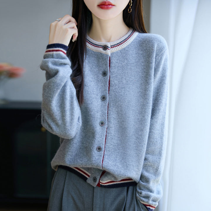 Women's Loose Fine Knit Cardigan with Contrast Stripes on Collar and Cuffs Mune Fashion