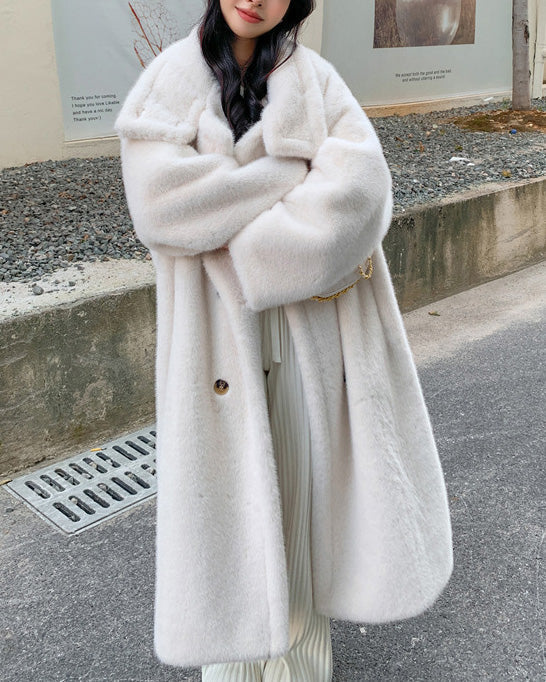 Mune | Collar Double Breasted Faux Mink Fur Long Coat