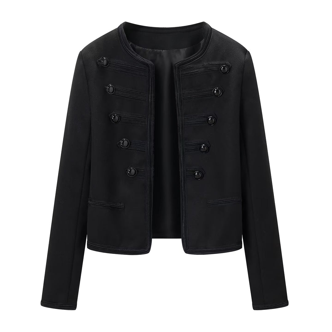 Women’s short blazer in historical drummer style with round neck, decorative straps and patent buttons Mune Fashion
