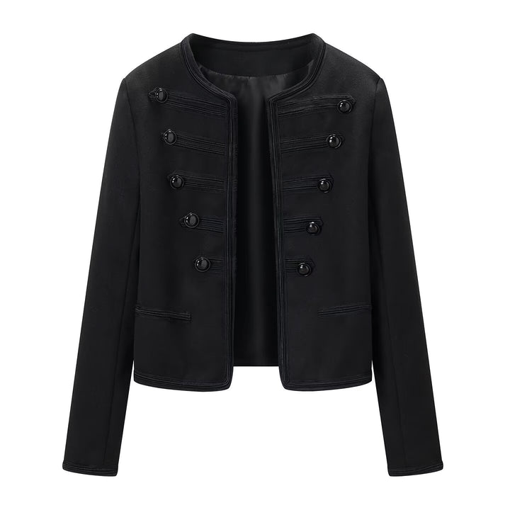 Women’s short blazer in historical drummer style with round neck, decorative straps and patent buttons Mune Fashion