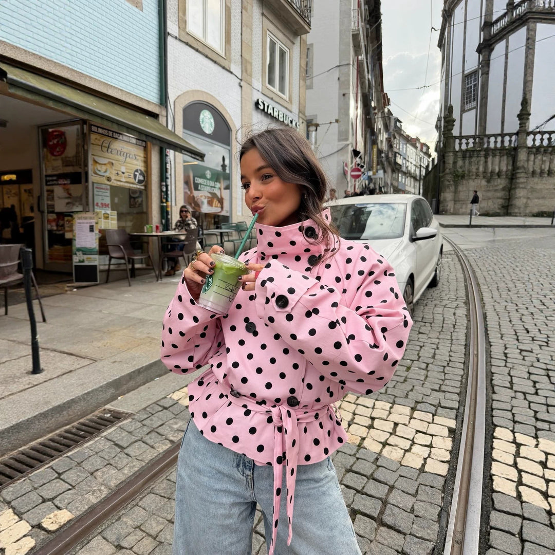 Women's Polka Dot Trench Coat Style with Tie Belt and Balloon Sleeves Mune Fashion