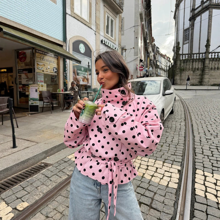 Women's Polka Dot Trench Coat Style with Tie Belt and Balloon Sleeves Mune Fashion
