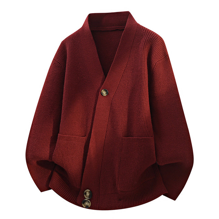 Women's oversized cardigan with large V-neck, patch pockets & wooden buttons Mune Fashion