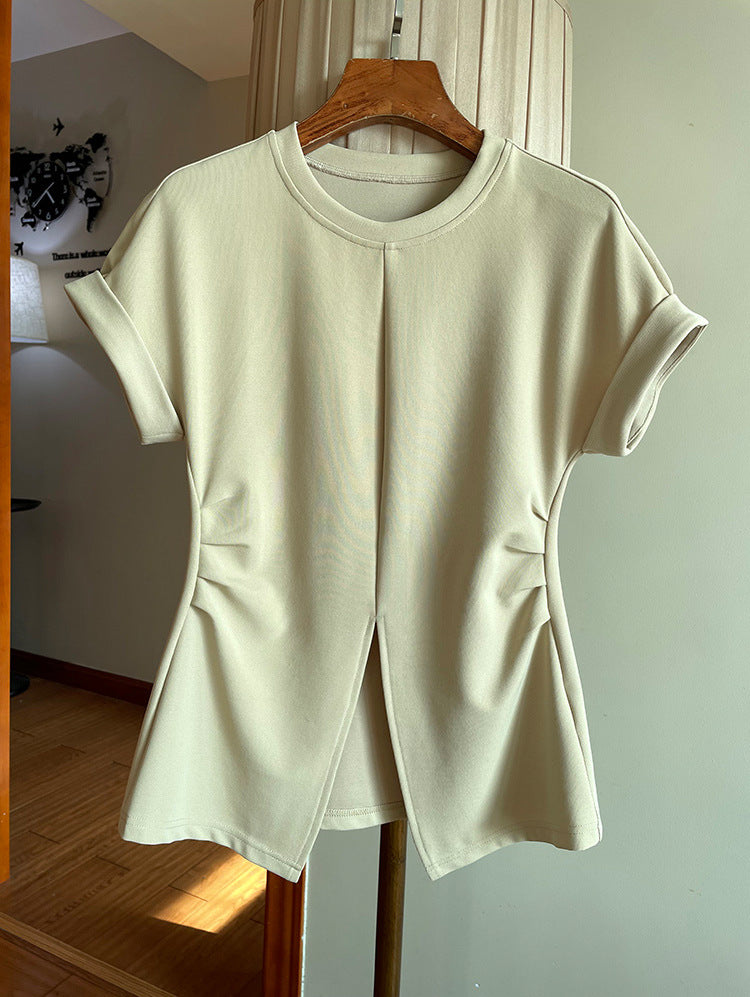 Women Short-Sleeved Structured Jersey Shirt with Waist Gatherings and Front Slit Mune Fashion