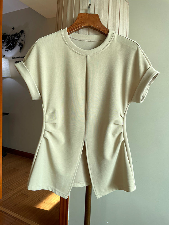 Women Short-Sleeved Structured Jersey Shirt with Waist Gatherings and Front Slit Mune Fashion