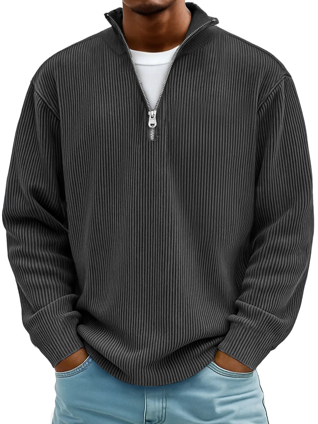 Men's ribbed knit pullover with half zipper and stand-up collar Mune Fashion