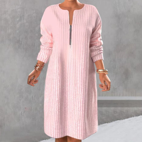 Women’s knitted ribbed tunic dress with half zip and casual A-line Mune Fashion