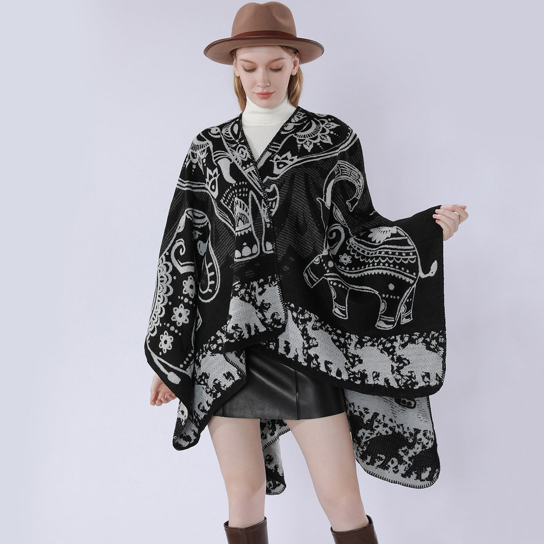 Women's jacquard kimono cape made of wool blend with ornamental animal motifs Mune Fashion