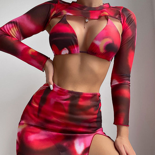 Women Triangle Bikini Set with long-sleeved top and high leg cut Mune Fashion