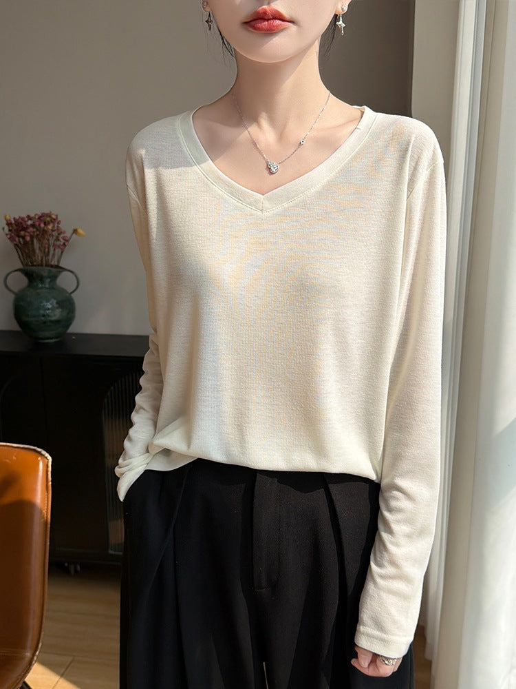 Ladies Lightweight V-Neck Fine Knit Long Sleeve Mune Fashion