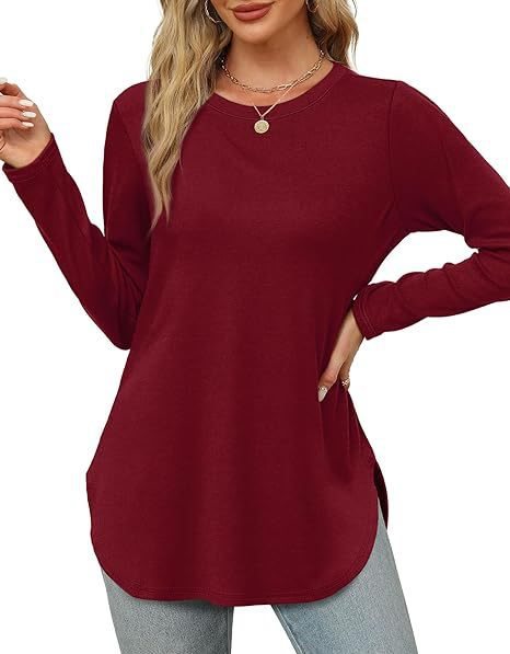 Women's Casual Long Sleeve Tunic Top with Round Neck, Side Slits and Watercolor Leaf Print Mune Fashion