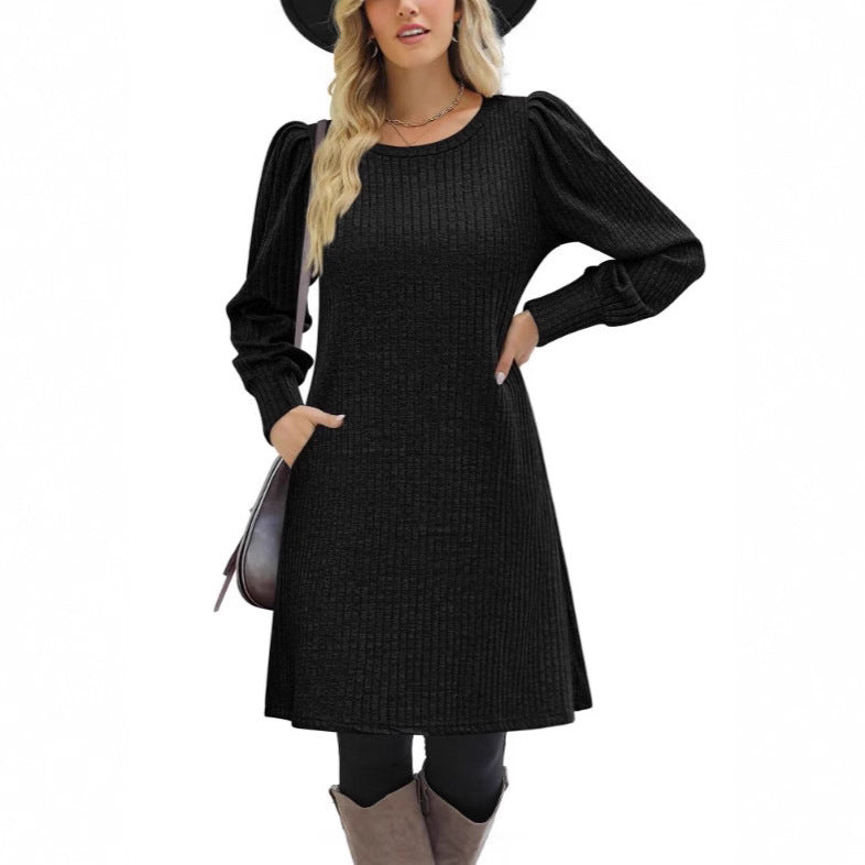 Women's knitted A-line knit dress with puff sleeves Mune Fashion