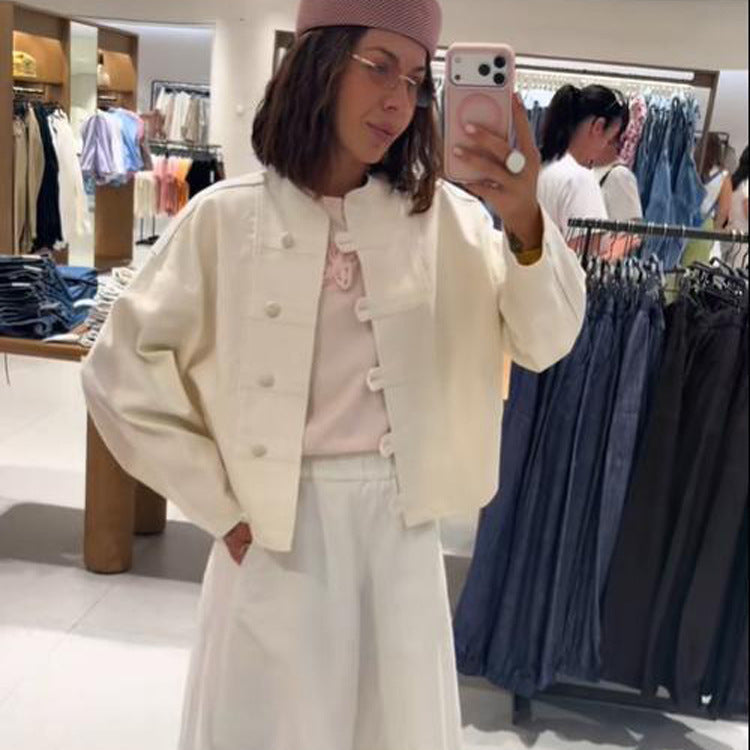 Women's Cropped Boxy Jacket with Chinese Stand Collar and Decorative Button Placket Mune Fashion
