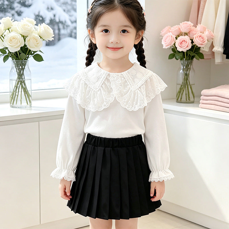 Girl's blouse with elegant lace collar and ruffle details Mune Fashion