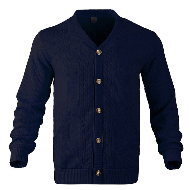 Men's Structured Knit Cardigan with Cable and Waffle Pattern, Button Placket and Patch Pockets Mune Fashion