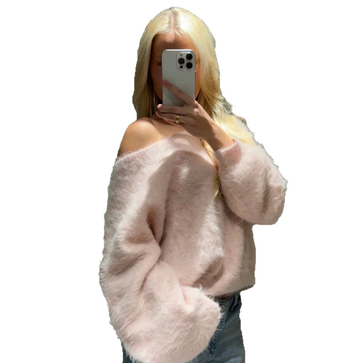 Women’s oversized fluffy mohair blend off-shoulder sweater with balloon sleeves Mune Fashion