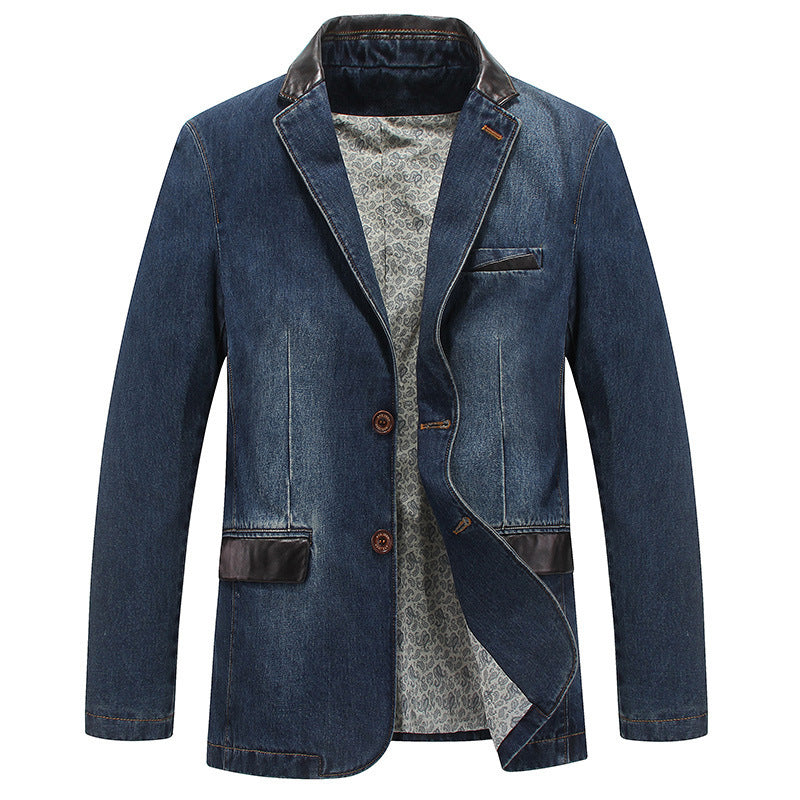 Men's Denim Blazer in Tailored Look with Faux Leather Trim Mune Fashion