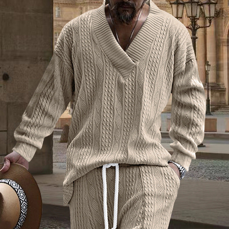 Men's chunky knit V-neck sweater with cable pattern and relaxed fit Mune Fashion