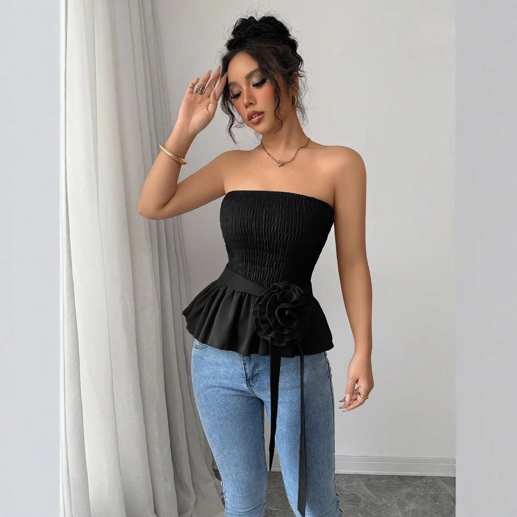 Women's fitted strapless Smok top with ruffle peplum and decorative fabric flower Mune Fashion