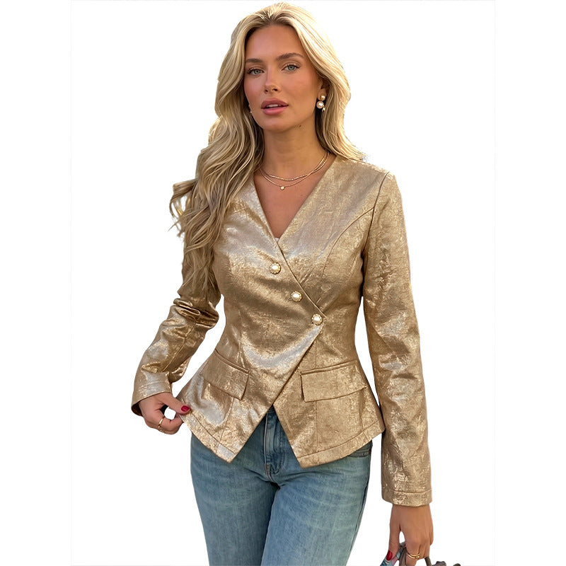 Women Tailored Metallic Blazer with Pearl Button Placket and Peplum Mune Fashion