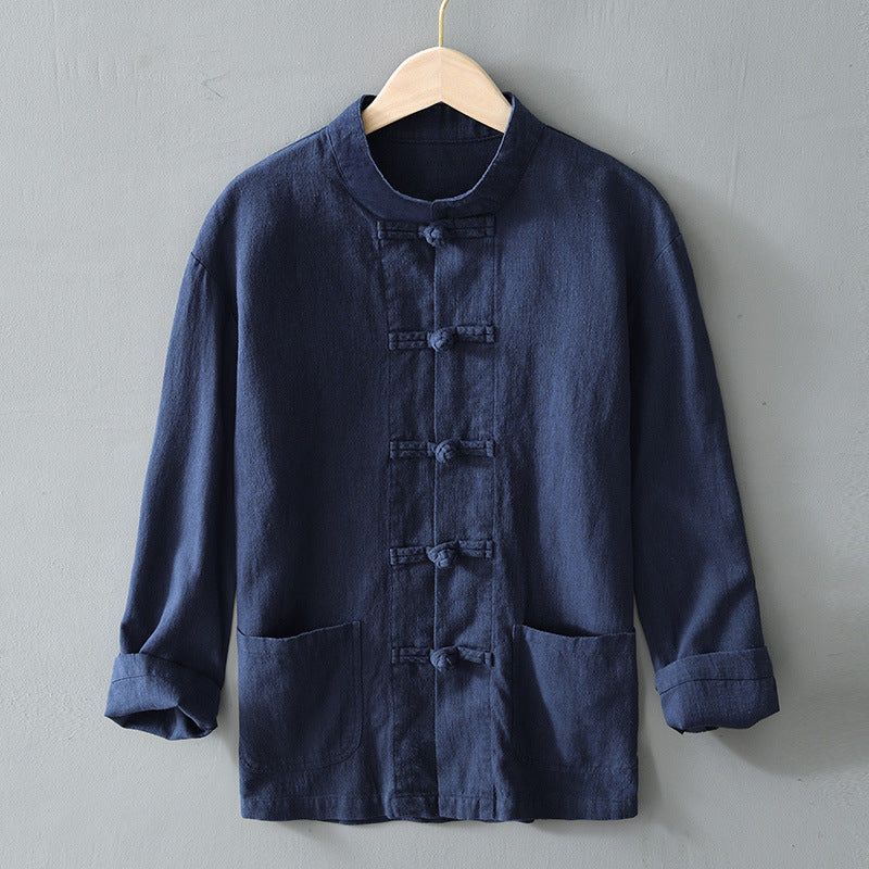 Men's lightweight linen jacket in traditional Chinese style with stand-up collar and knot closures Mune Fashion