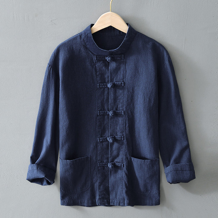 Men's lightweight linen jacket in traditional Chinese style with stand-up collar and knot closures Mune Fashion
