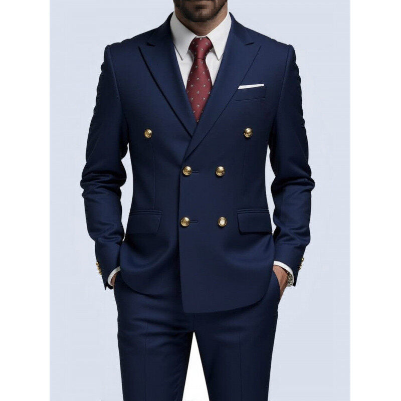 Men's double-breasted Slim-Fit suit with gold decorative buttons and slim business trousers Mune Fashion