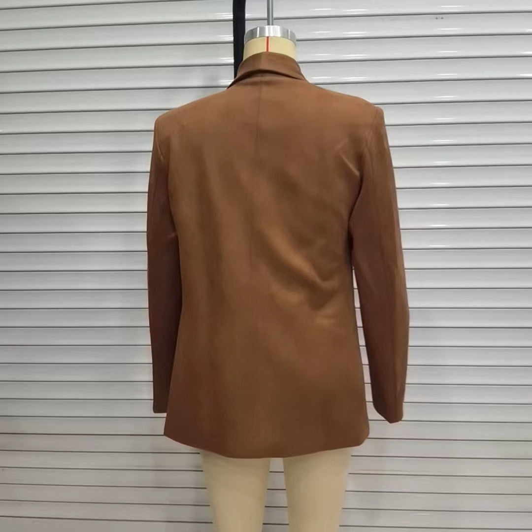 Women's long cut blazer in suede imitation with soft shawl collar and piped welt pockets Mune Fashion